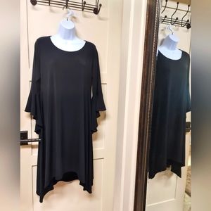 Alfani Dress High Low Black Stretch Long Cascade Ruffle Sleeve Size 12